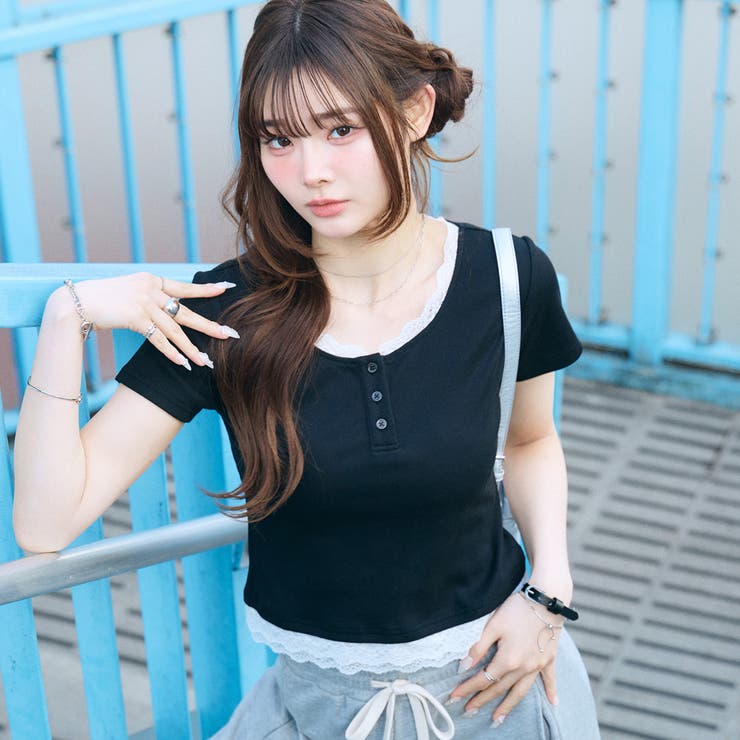 ヘンリーネックレースレイヤード風リブトップス | GeeRA | 詳細画像10 