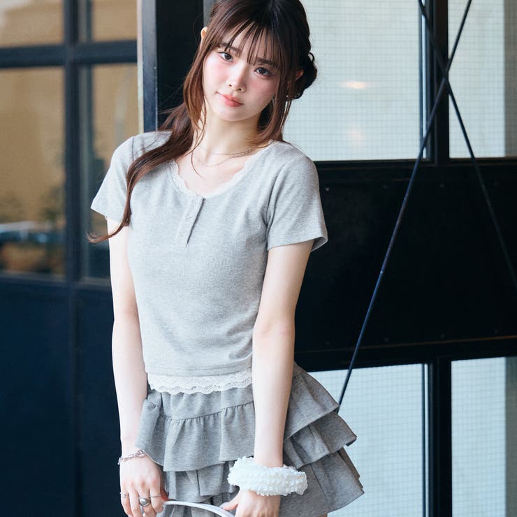 ヘンリーネックレースレイヤード風リブトップス | GeeRA | 詳細画像19 