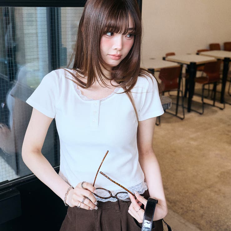 ヘンリーネックレースレイヤード風リブトップス | GeeRA | 詳細画像32 