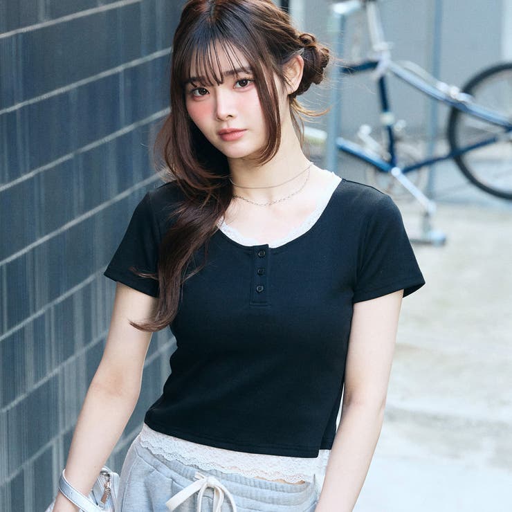 ヘンリーネックレースレイヤード風リブトップス | GeeRA | 詳細画像9 