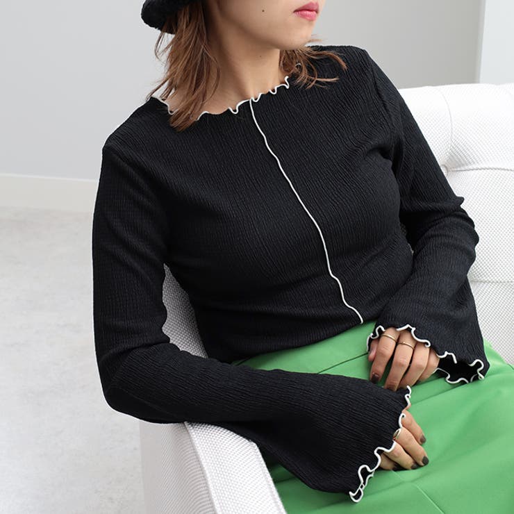 ブラック | シャーリング素材配色メロウカットソー | GeeRA