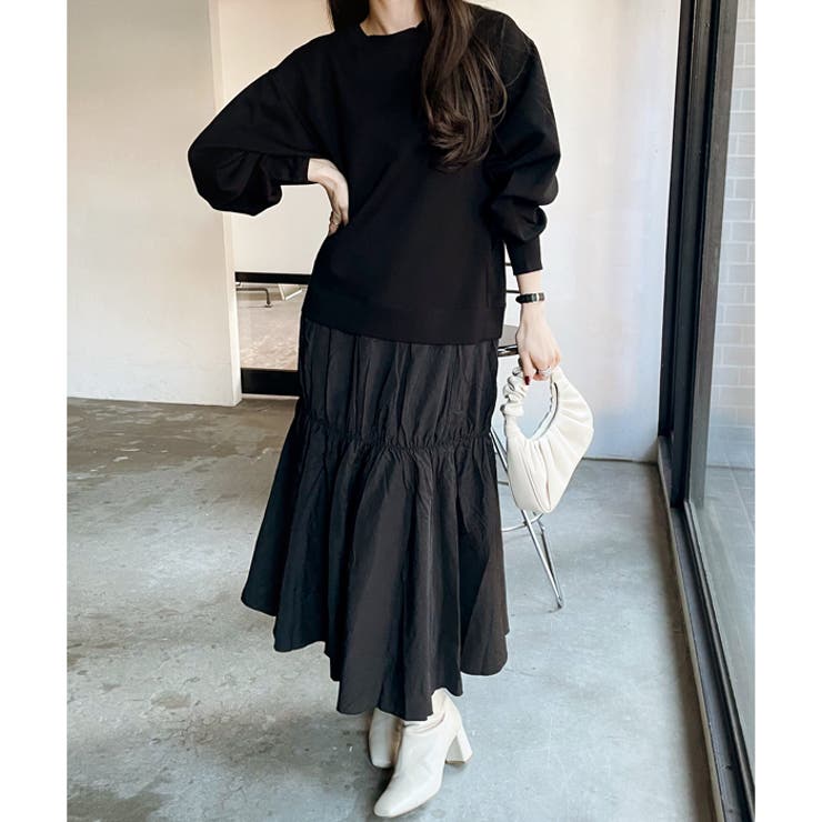 【着用1回】OBLI♡オブリ　シャツドッキングスウェットワンピース　グレー 前後2WAYスウェットドッキングワンピース[品番：GERW0010858