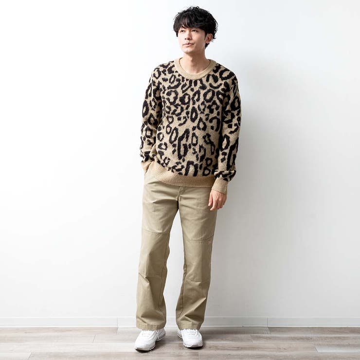 ニット メンズ レオパード セーター 暖かい ヒョウ柄 クルー ニット メンズ レオパード セーター 暖かい ヒョウ柄 クルー