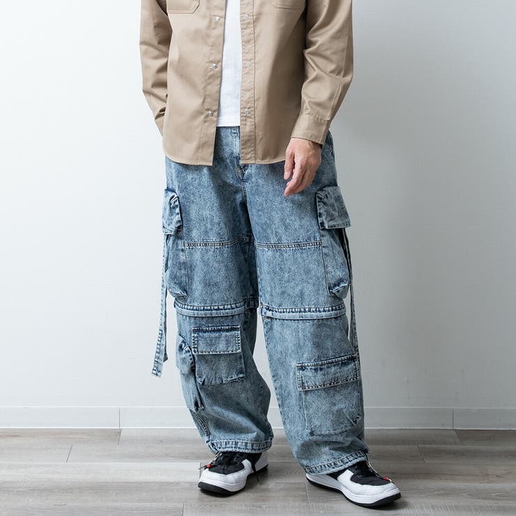 カーゴパンツ メンズ ゆったり デニム ケミカルウォッシュ