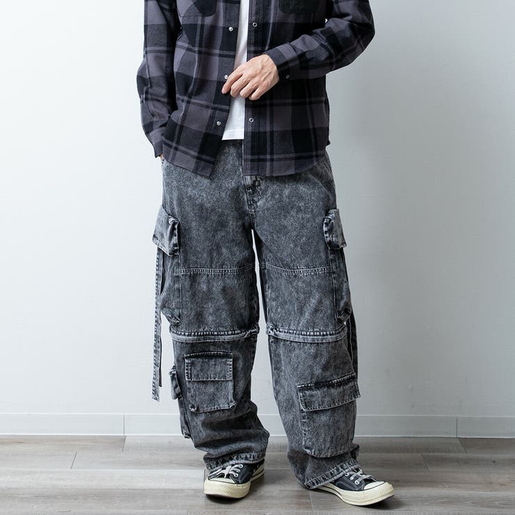 カーゴパンツ メンズ ゆったり デニム ケミカルウォッシュ カーゴパンツ メンズ ゆったり デニム ケミカルウォッシュ