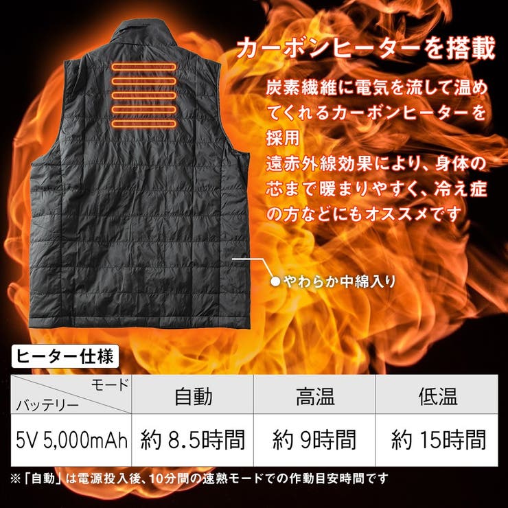 電熱ベスト加熱ベストメンズヒーターベストヒートベスト防寒暖かい中綿ベストダウンベスト国産ブラック39317
