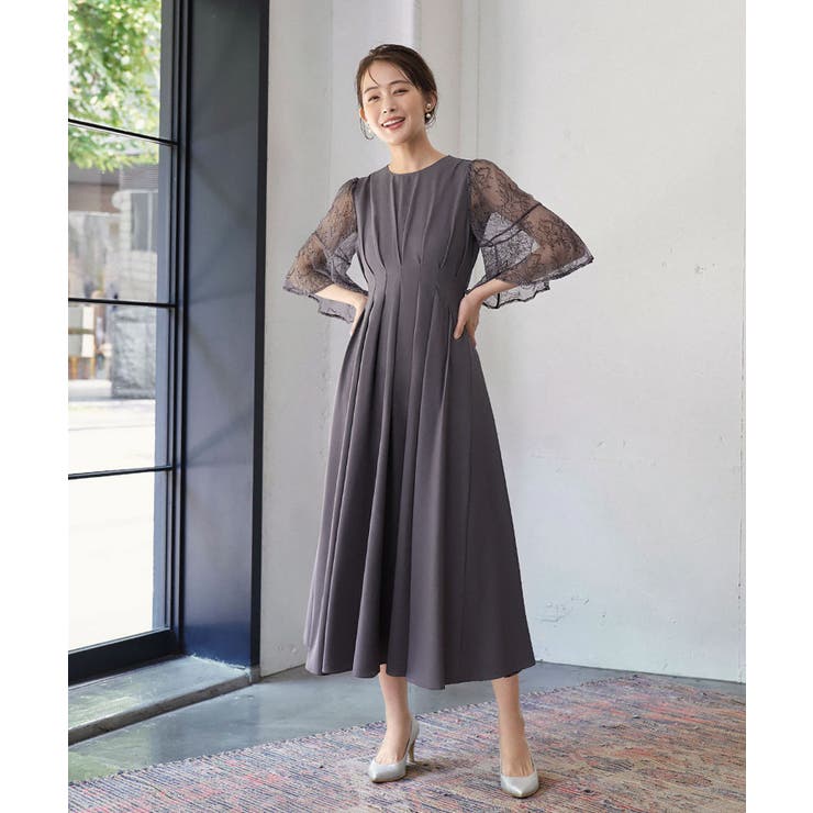 GIRL 結婚式ワンピース セール】レーススリーブXラインキーネック ロング 結婚式