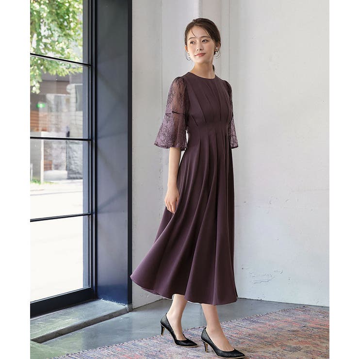 GIRL 結婚式ワンピース レーススリーブXラインキーネック ロング 結婚式 ワンピース