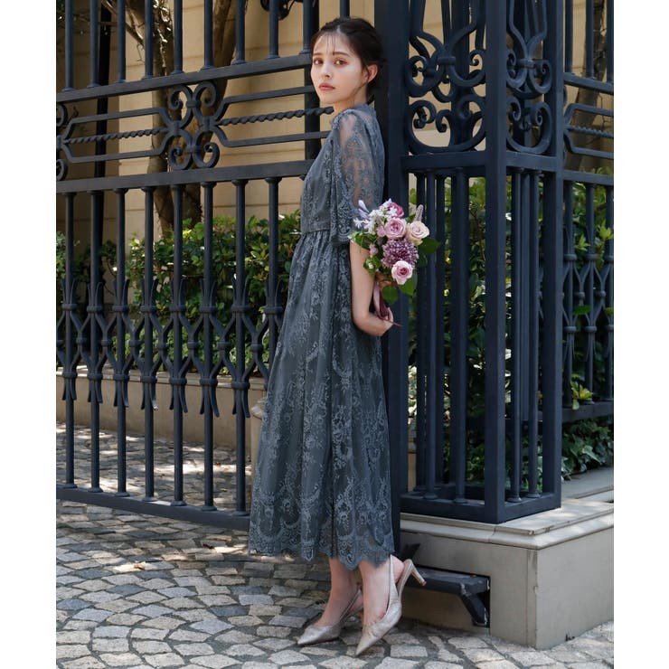 ブルーグレー】パーティードレス 結婚式 ワンピース[品番：ZY000003575