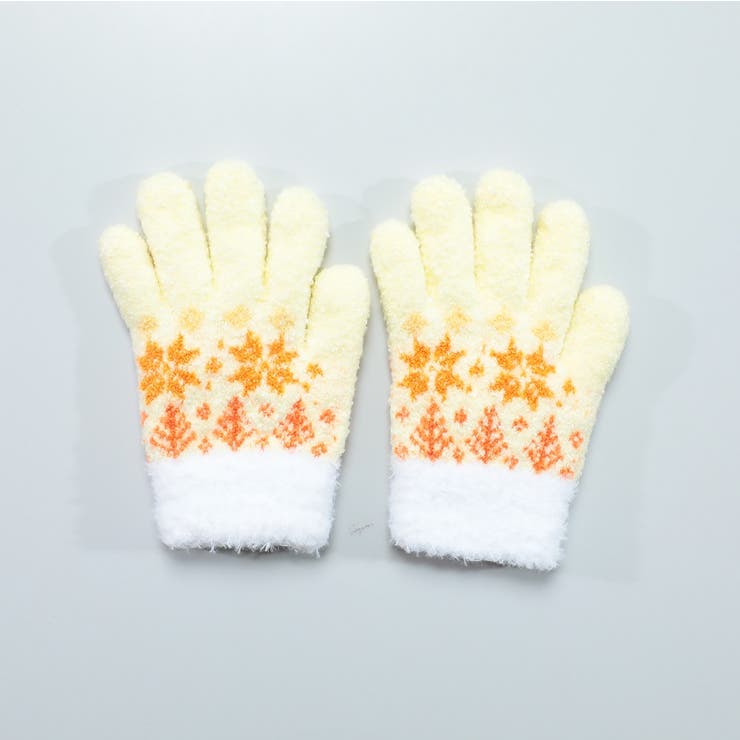イエロー | ふわふわモコモコあったかキッズ手袋 スノー＆ツリー柄 ＜子供 | GlovesDEPO【KIDS】