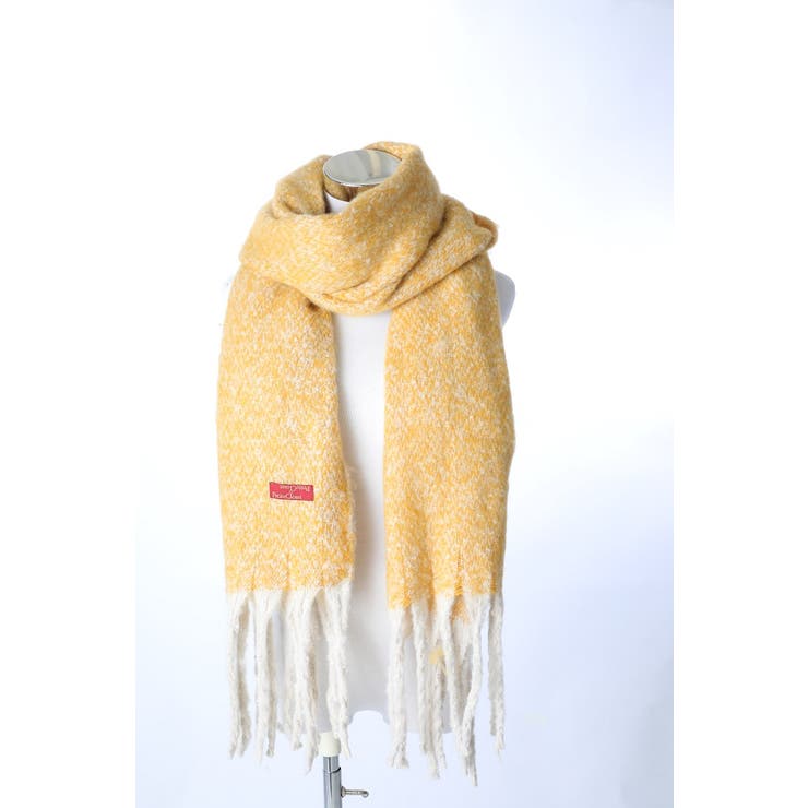 杢イエロー | あったかマフラー 大判 ブロックチェック＆フリンジ | GlovesDEPO