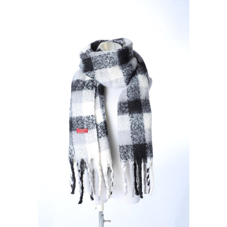 チェックブラック | あったかマフラー 大判 ブロックチェック＆フリンジ | GlovesDEPO