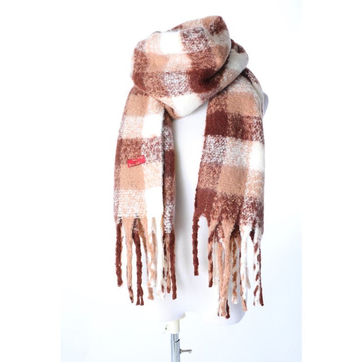 チェックブラウン | あったかマフラー 大判 ブロックチェック＆フリンジ | GlovesDEPO