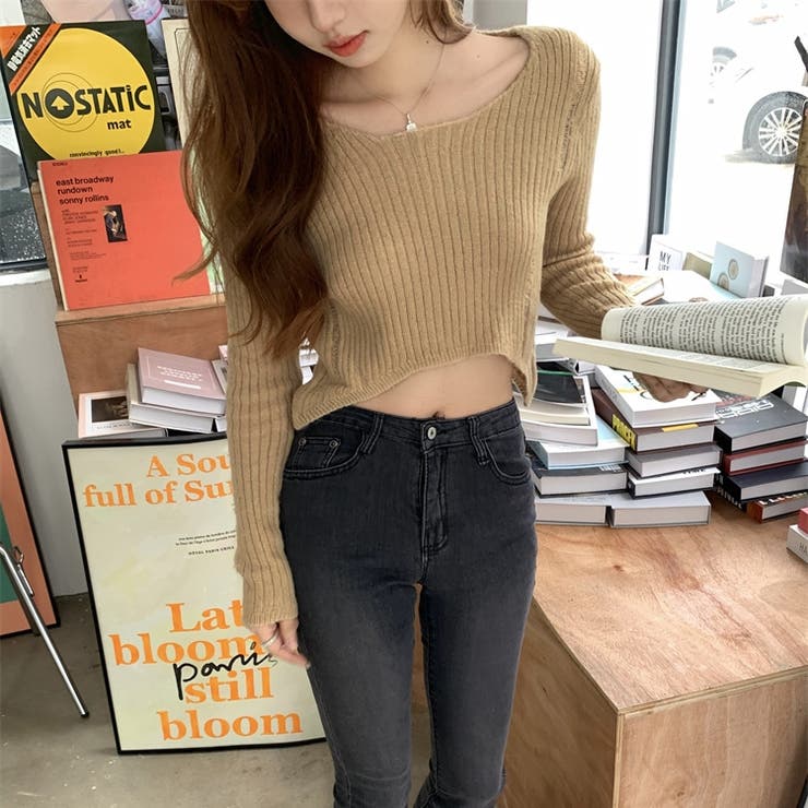 ベージュ | ダメージ加工リブニットトップス 10081 | G&L Style