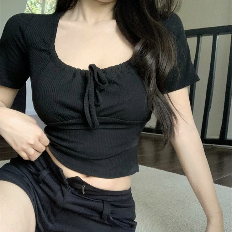 ブラック | フロントリボンリブ半袖Tシャツ 10358 | G&L Style