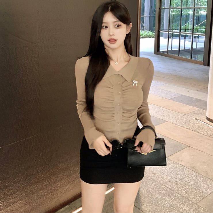 ブラウン | リボンブローチ付き リブニットトップス 10377 | G&L Style