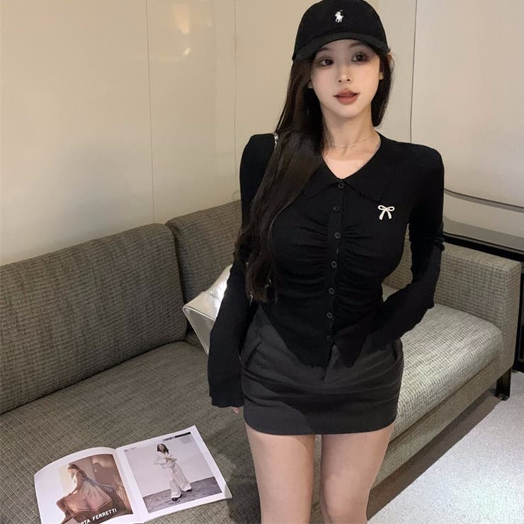 ブラック | リボンブローチ付き リブニットトップス 10377 | G&L Style