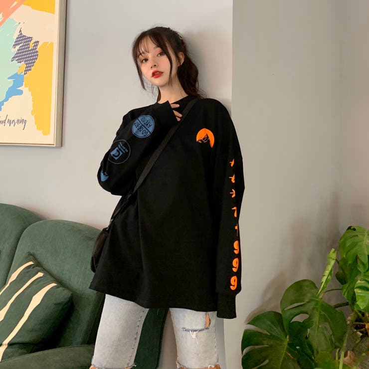 ブラック | カジュアル プリント ロングTシャツ 7995 | G&L Style
