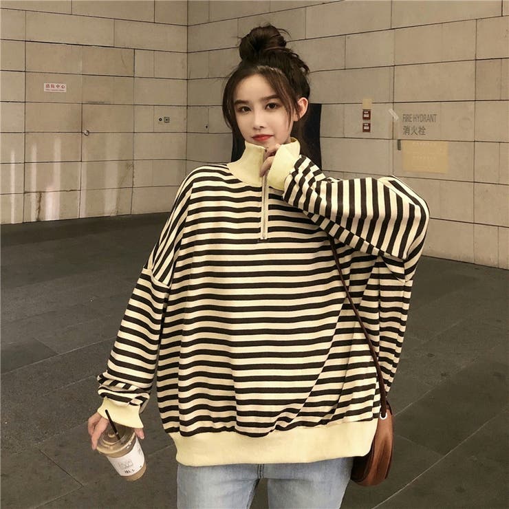 ブラック | ハーフジップ マルチボーダートップス 8564 | G&L Style