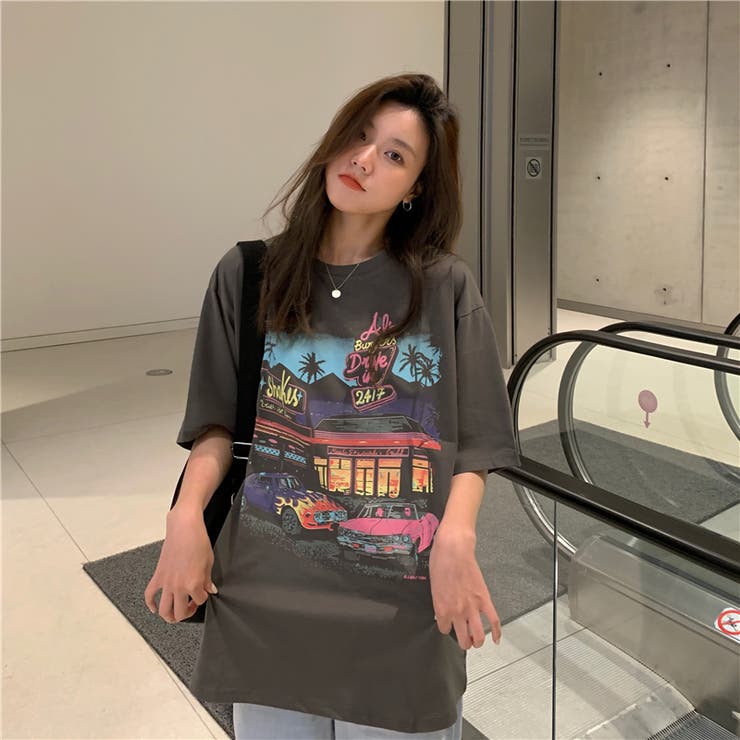 Tシャツ グラフィックプリント 刺繍 半袖 グレー レディース 古着 アメカジ ストリート セール】ヴィンテージライク ピグメント加工 アメカジ風 レトロ