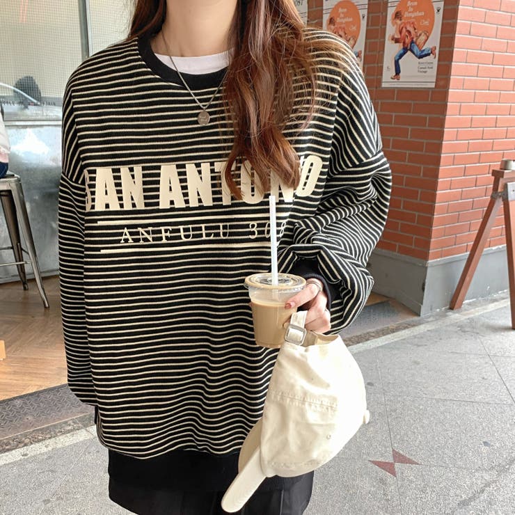 モノトーン ボーダー Tシャツ ルーズ 五分袖 ストリート cr9471 フロントプリントボーダートップス 9835[品番：XB000010150