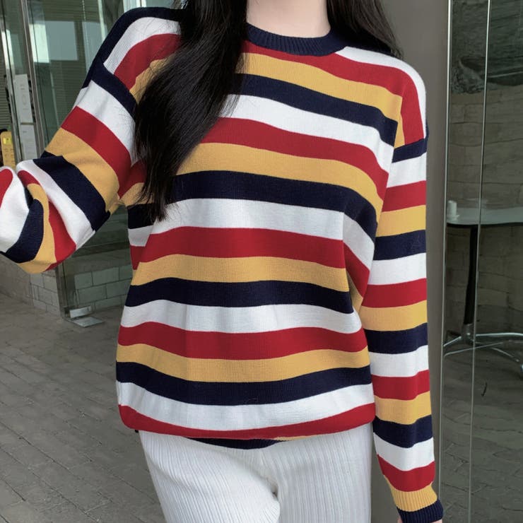 PINUEマルチボーダーニットトップス ミニボーダーニットトップス（NAVY） - PINUE