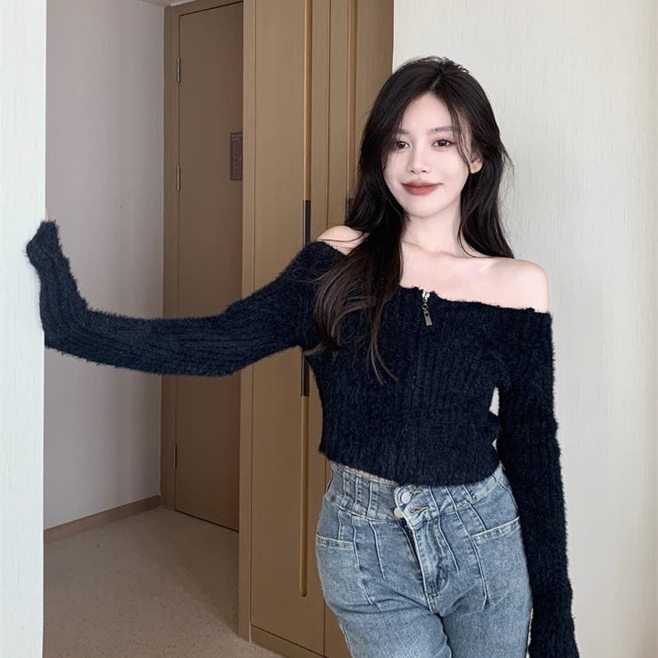 YOUHEE オフショルダー フロントジップモヘアオフショルトップス 9935[品番