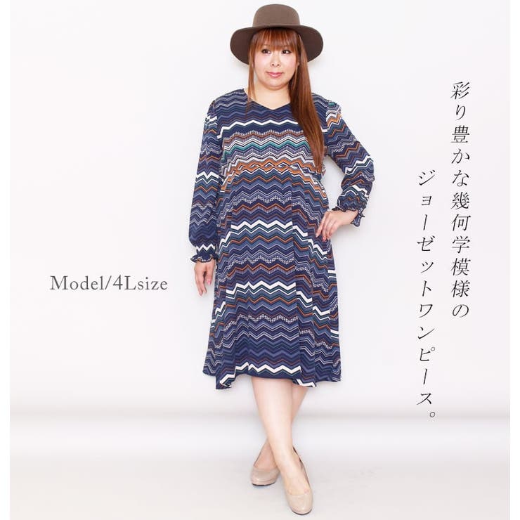 体型カバー抜群のワンピ 幾何学模様ジョーゼットワンピース 大きいサイズ 品番 Gj Goldjapan 大きいサイズ専門店 ゴールドジャパン のレディースファッション通販 Shoplist ショップリスト
