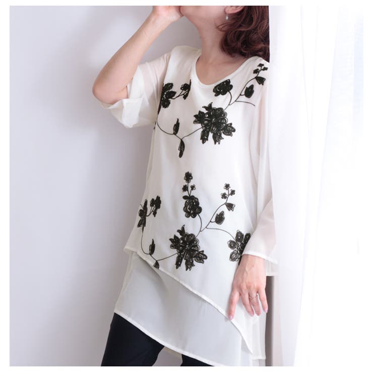 花刺繍シフォンチュニック