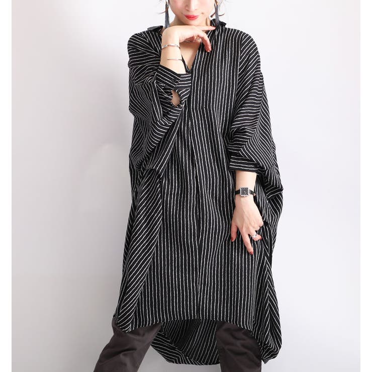 ストライプ柄ドルマンシャツチュニックワンピース 大きいサイズ レディース | GOLDJAPAN　大きいサイズ専門店 | 詳細画像8 
