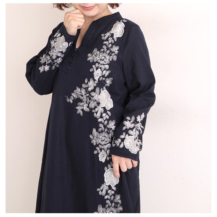 花刺繍コットンリネンワンピース