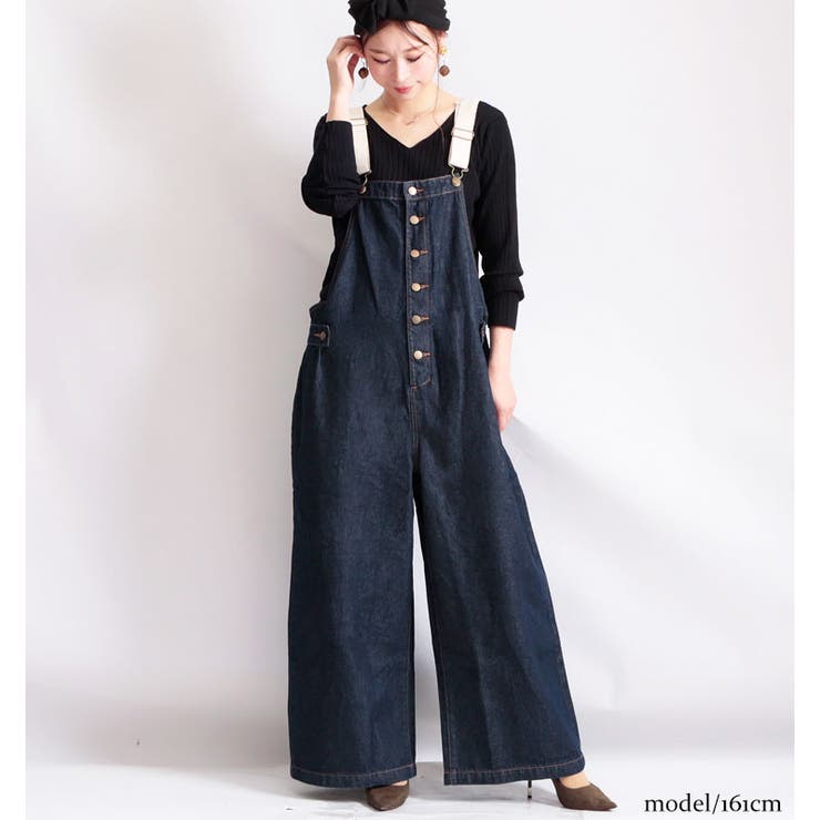 配色ショルダーデニムサロペットパンツ