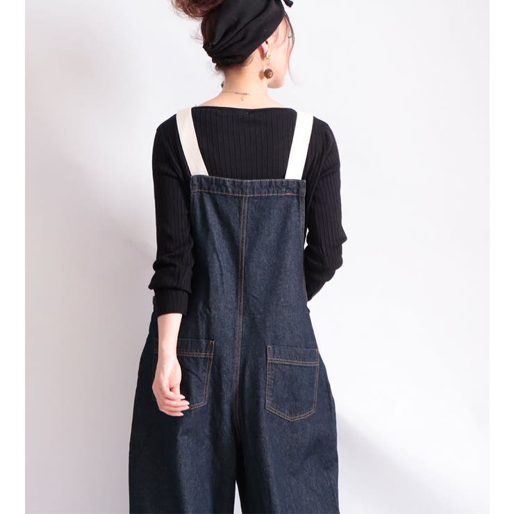 配色ショルダーデニムサロペットパンツ