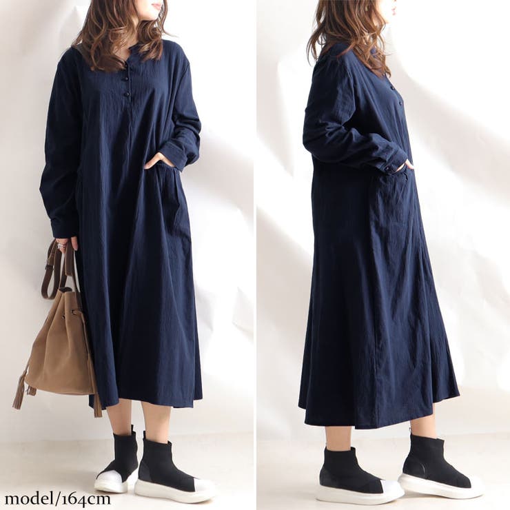 ロング丈コットンシャツワンピース