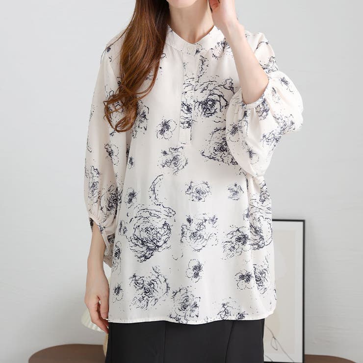 スタンドカラー花柄シアーブラウス