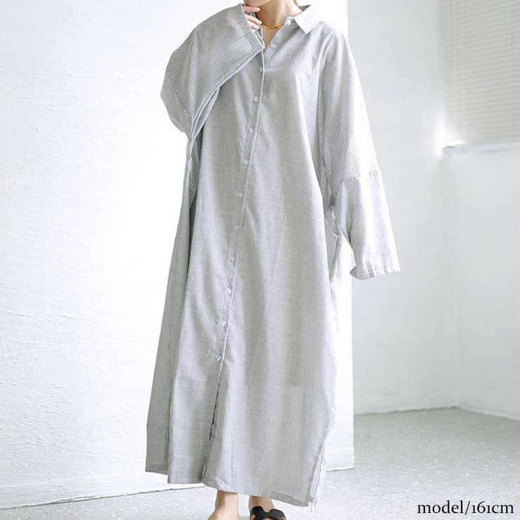 ストライプ柄ロングシャツワンピース