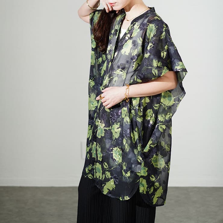 アート柄シアーブラウスチュニック