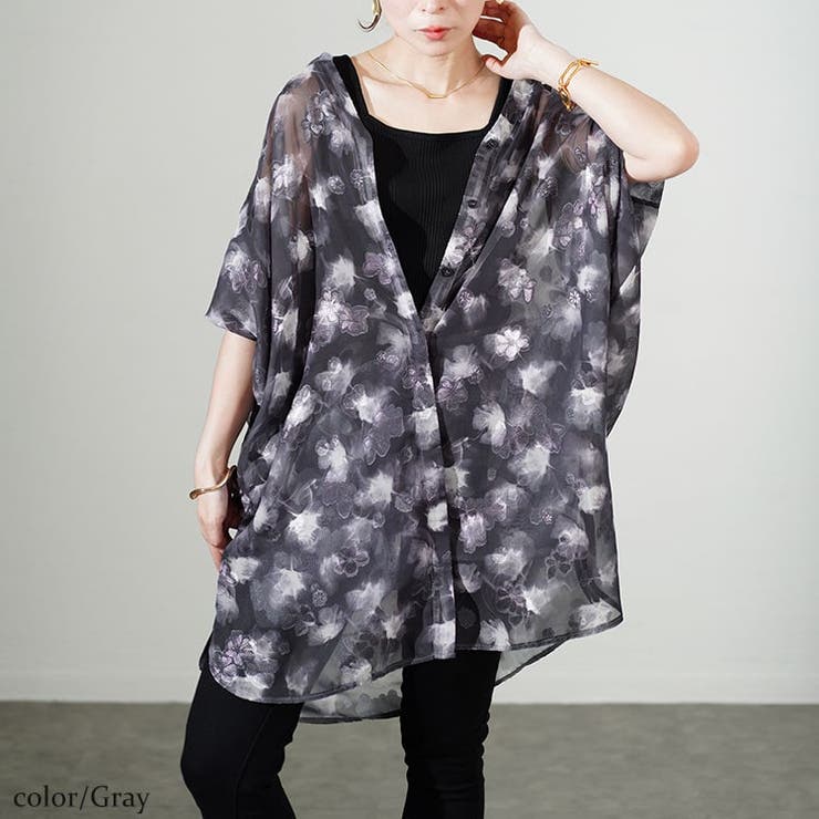 アート柄シアーブラウスチュニック