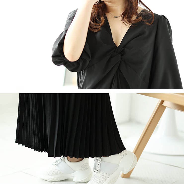 大きいサイズレディース ワンピース ツイストフロントプリーツ切替えパフスリーブワ… | GOLDJAPAN　大きいサイズ専門店 | 詳細画像6 