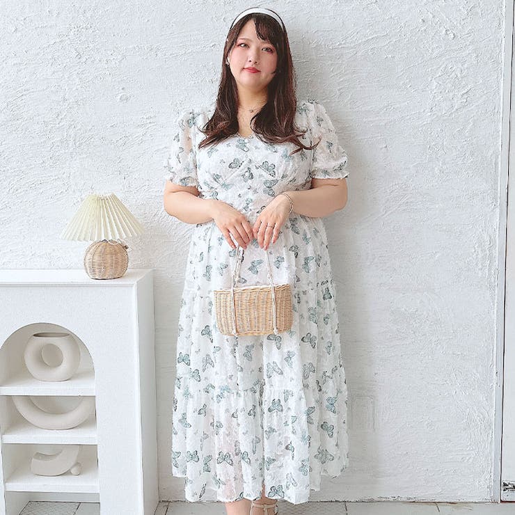 大きいサイズレディース ワンピース 蝶々柄ティアードワンピース