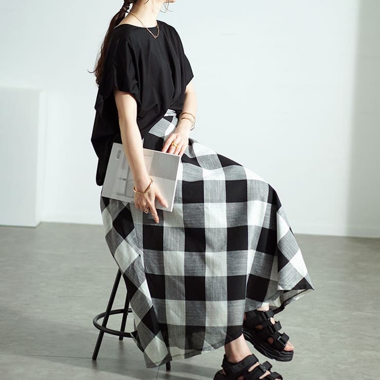 ビッグチェックロングフレアスカート