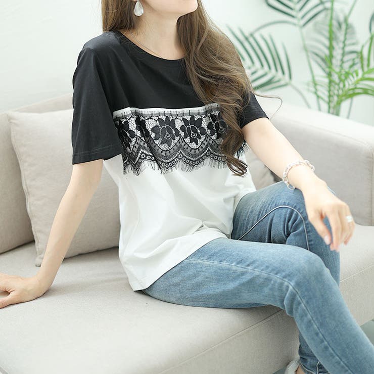 レース切替えバイカラーTシャツ