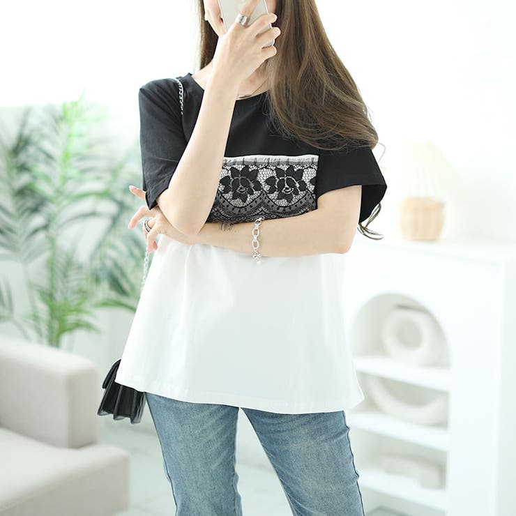 レース切替えバイカラーTシャツ