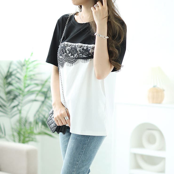 レース切替えバイカラーTシャツ