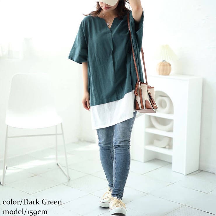 大きいサイズレディース チュニック フェイクレイヤードキーネックドルマンチュニッ… | GOLDJAPAN　大きいサイズ専門店 | 詳細画像8 