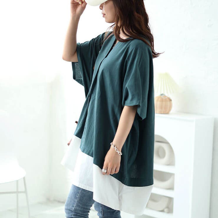 大きいサイズレディース チュニック フェイクレイヤードキーネックドルマンチュニッ… | GOLDJAPAN　大きいサイズ専門店 | 詳細画像9 