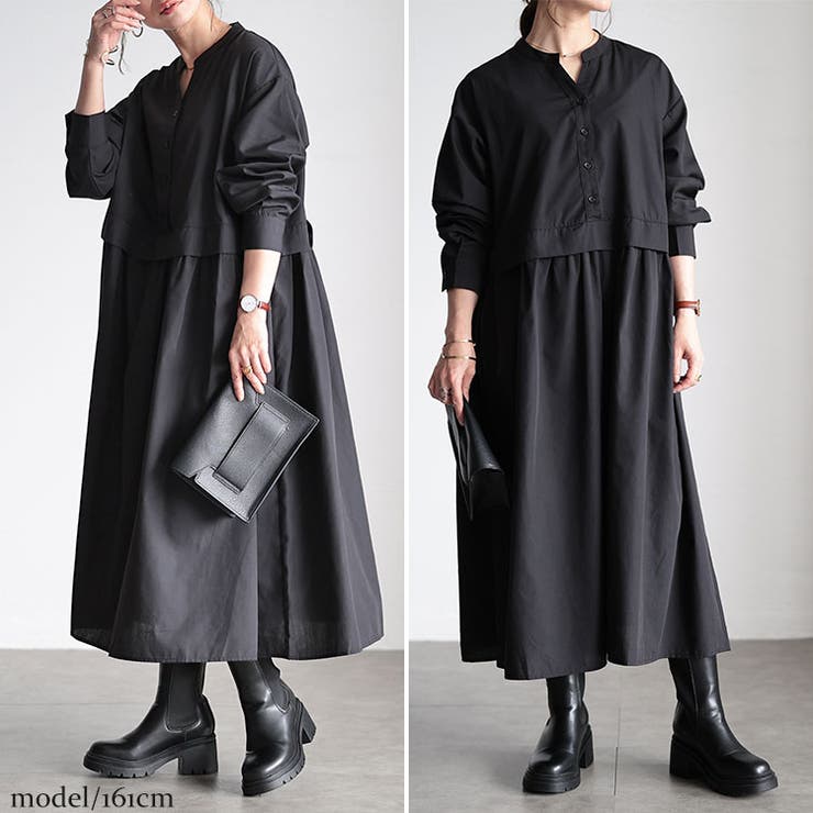 大きいサイズレディース ワンピース レイヤード風スキッパーネックフレアワンピース | GOLDJAPAN　大きいサイズ専門店 | 詳細画像10 