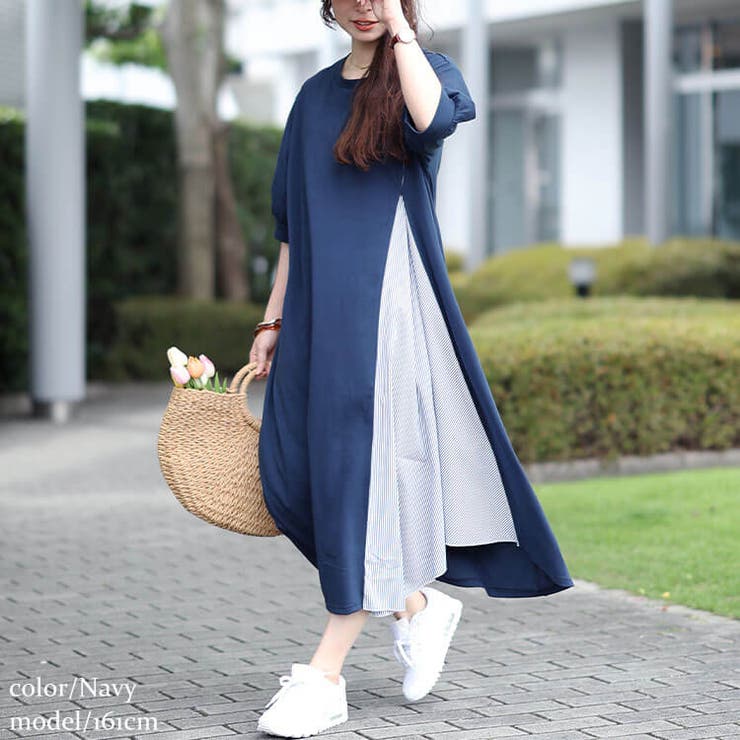 大きいサイズレディース ワンピース ストライプ切り替えアシンメトリーワンピース | GOLDJAPAN　大きいサイズ専門店 | 詳細画像11 