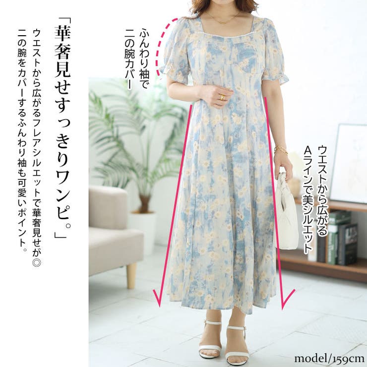 大きいサイズレディース ワンピース パールネック花柄ロング