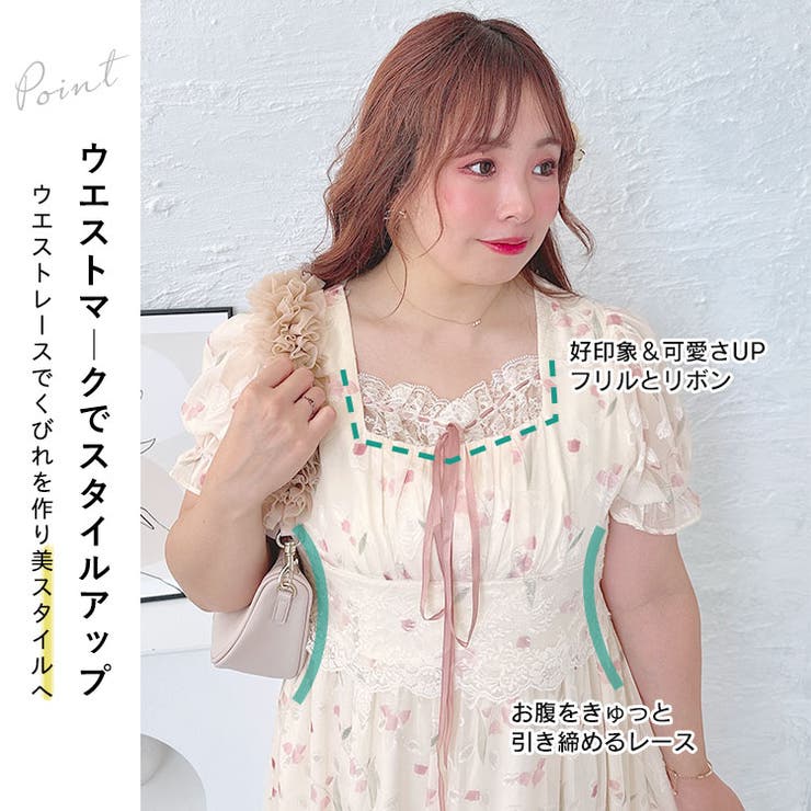 大きいサイズレディース ワンピース ウエストレースシフォン